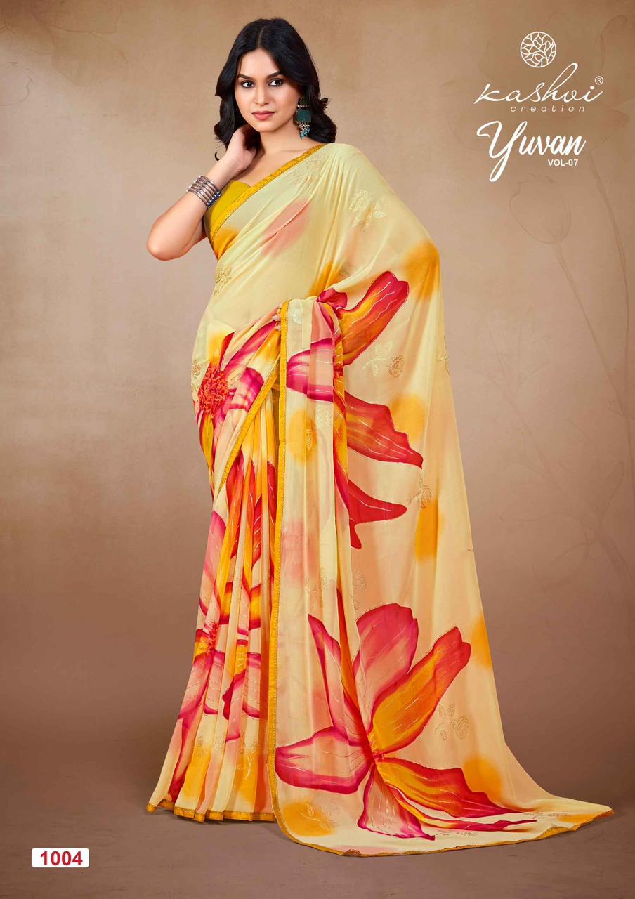 Yuvan Vol 7 By Kashvi Foil Printed Georgette Sarees Wholesale Shop In Surat
